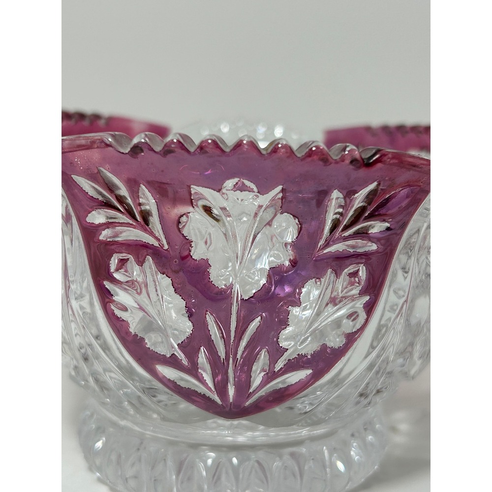 Vintage Cranberry Flash Pressed Glass Bowl Intaglio Floral Scalloped SawtoothRim - Picture 2 of 7